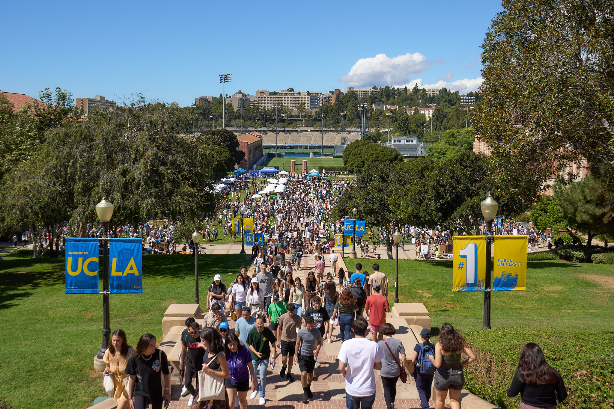 UCLA campus from Janns steps, with people walking around the bustling area